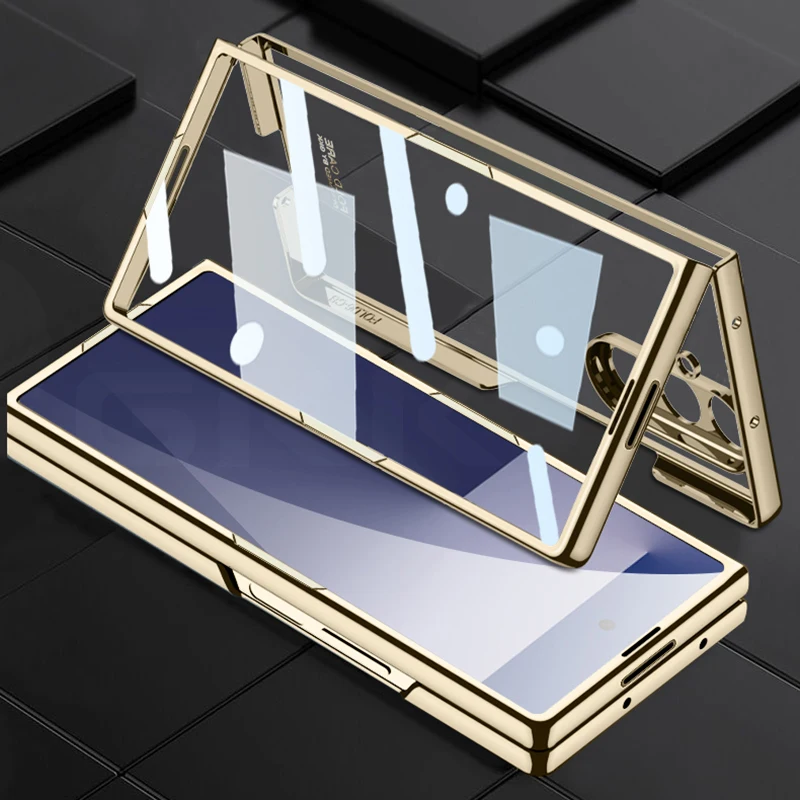 Luksusowe etui z powłoką galwaniczną i przezroczystą obudową do Samsung Galaxy Z Fold 7 6 5 4, szklana osłona ekranu przedniego, plastikowa osłona ochronna do etui Galaxy Z Fold7 — zdjęcie produktu 3