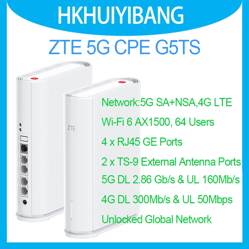 ZTE 5G CPE G5TS Dual Band Wi-Fi 6 AX1500 5G NR 4G LTE CAT6 Wireless Router External Antenna Ports Sim Card 5G Home WiFi Modem