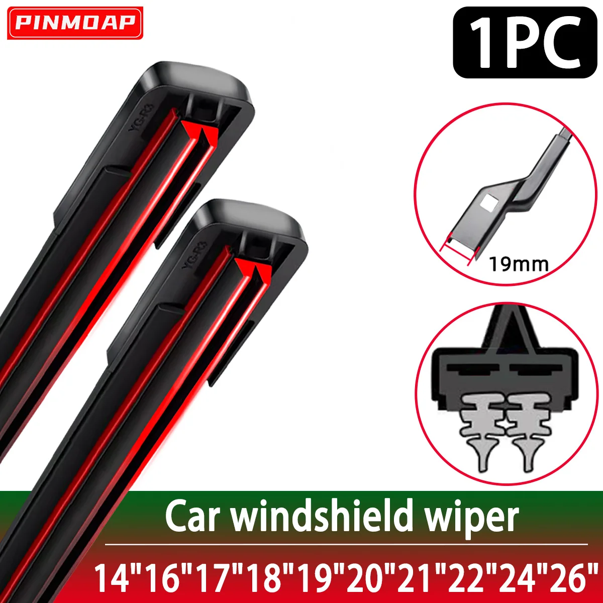 PINMOAP Auto-Scheibenwischer mit neuem Dual-Gummistreifen-Design, geeignet für 19 mm leise Wischerblätter, 14 Zoll, 16 Zoll, 18 Zoll, 19 Zoll, 20 Zoll, 21 Zoll, 22 Zoll, 24 Zoll, 26 Zoll