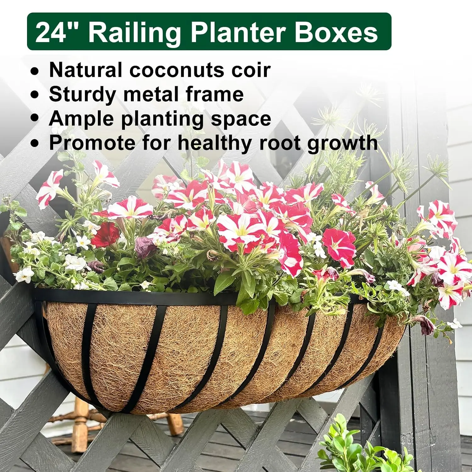 24 Inch Railing Planter 4 Pack - Adjustable Metal Window Box Planter with Coco Liner for Deck Balcony Porch Fence - Outdoor Hang