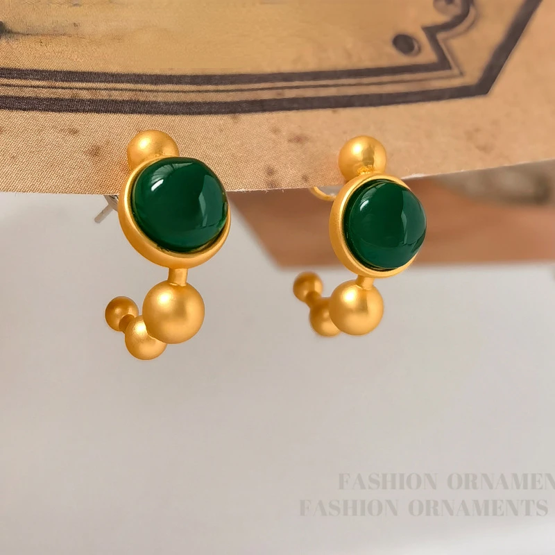 Fashion Jewelry Elegant Temperament Gold Color Green Stone Hoop Earrings For Women Female Gifts Ear Accessories Hot Sale