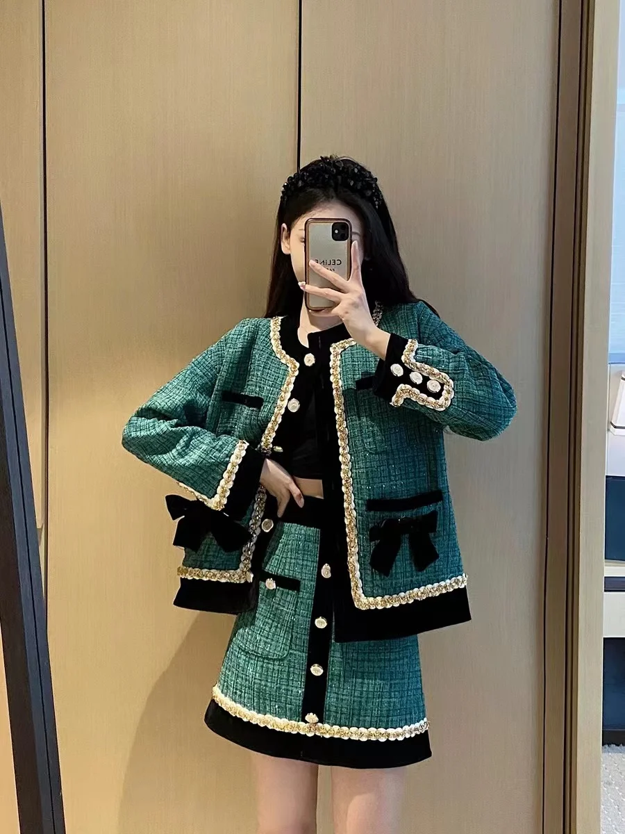 Elegant green Tweed Suits for Women High quality Pearl Button Embroidery Short Coat Irregular Skirts Two piece Crop Top Set chic