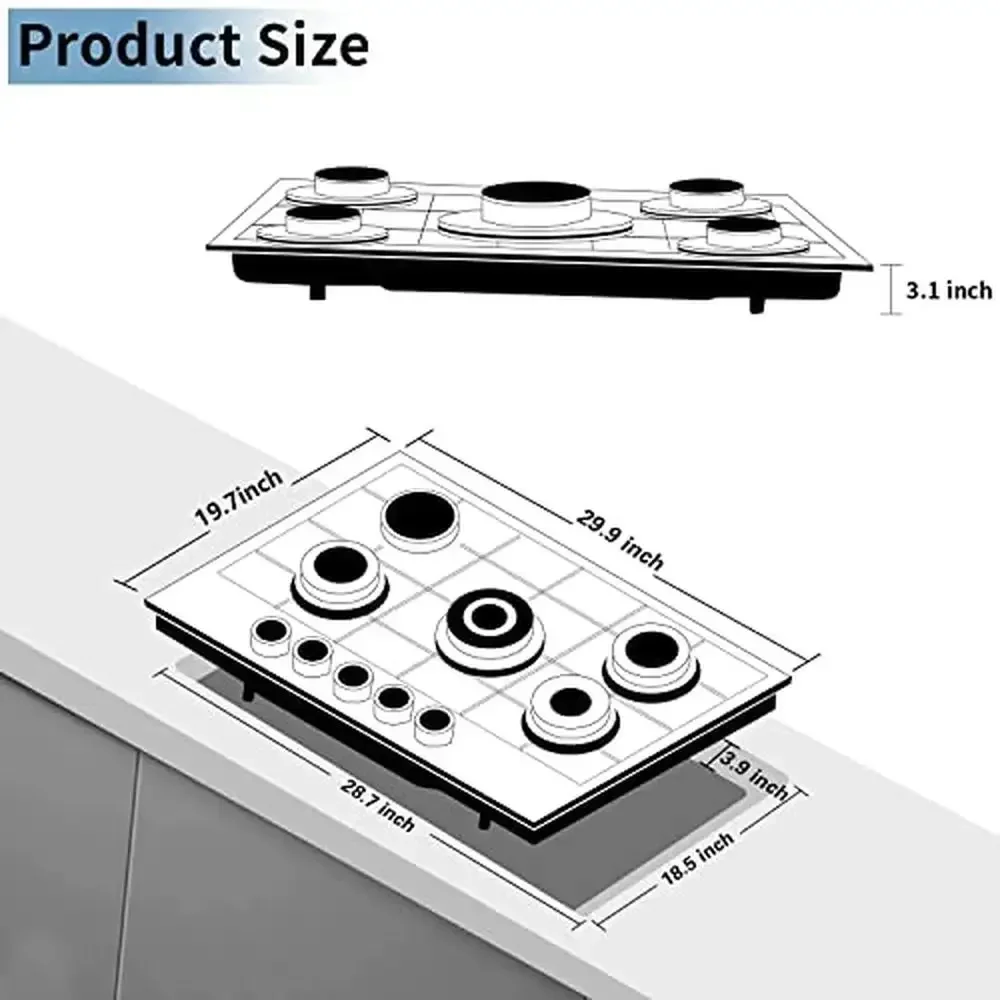 30 Inch Stainless Steel Gas Cooktop Built-in 5 Burners LPG/NG Dual Fuel Stovetop