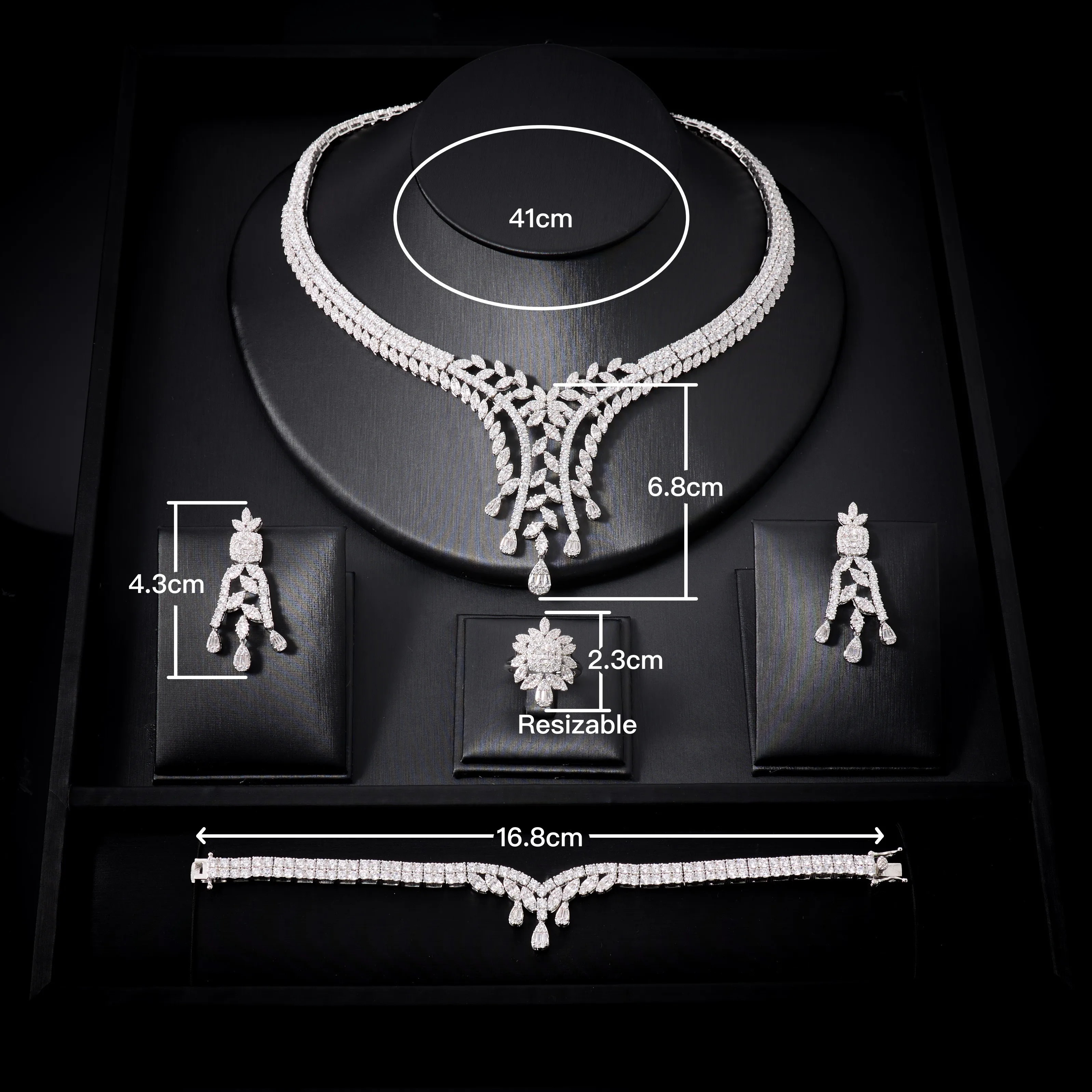 00158 Luxury 4Pcs Bridal Jewelry Set Cubic ZirconiaNecklace Earrings Ring Bracelet Wedding Evening Party Dress Accessories For W