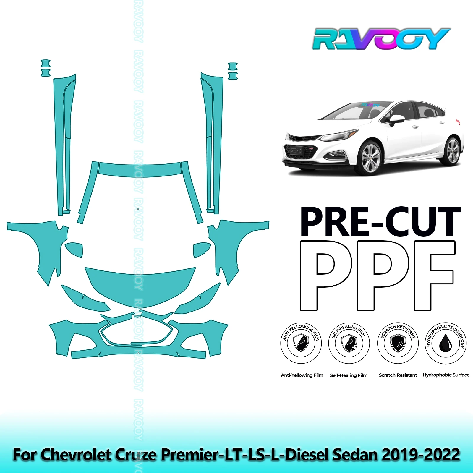 

8.5Mil Precut Paint Protection Film PPF Clear Bra Front Kit+Rockers For Chevrolet Cruze Premier-LT-LS-L-Diesel Sedan 2019-2022