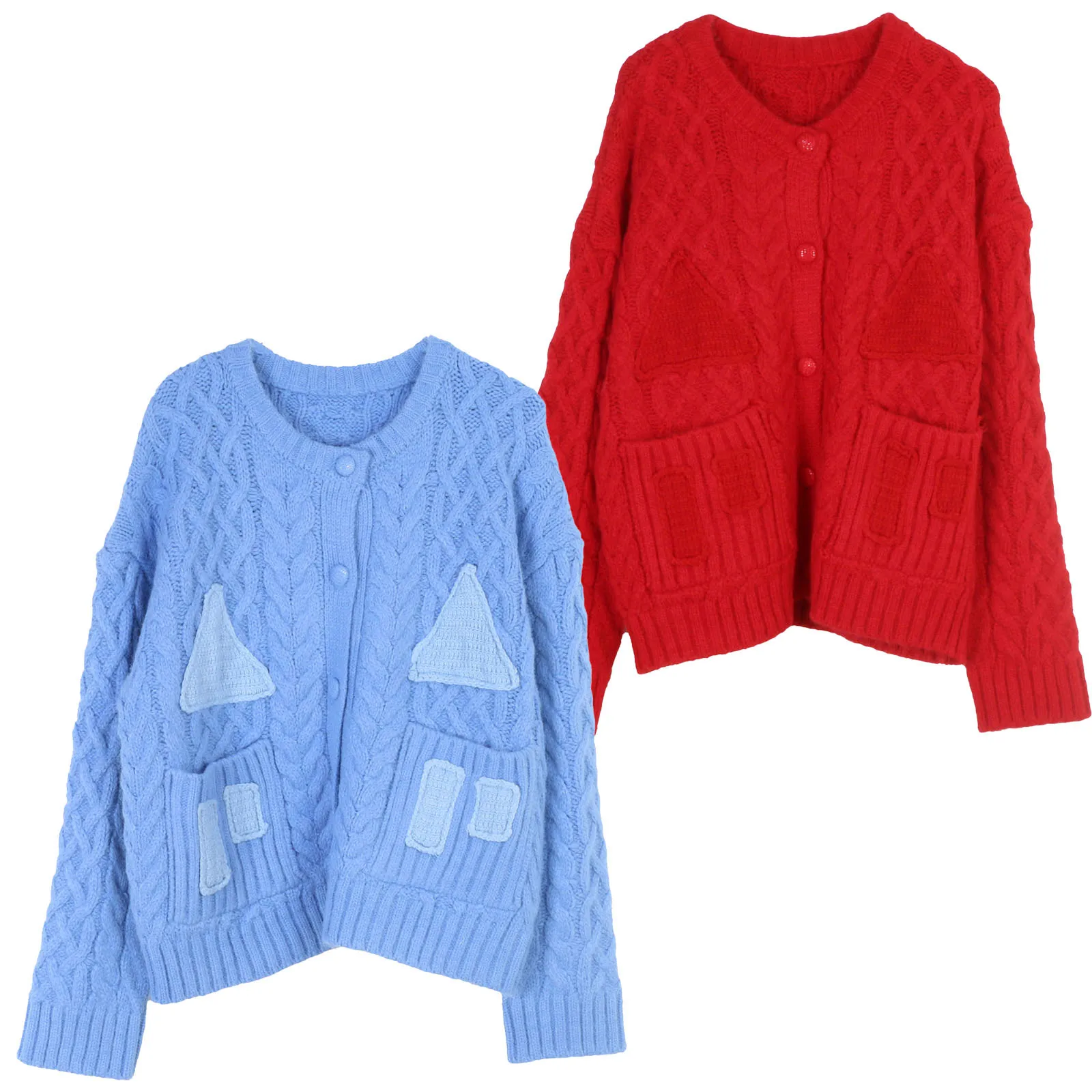 

Голубой вязаный кардиган с геометрическими нашивками, женский свитер, кардиган, пальто