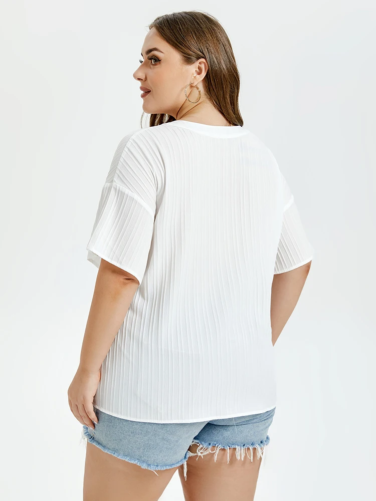 Plus Sized Clothing Solid Notched Neck Button Front Drop Shoulder Blouse Elegant Half Sleeve Office Womens Tops And Blouses