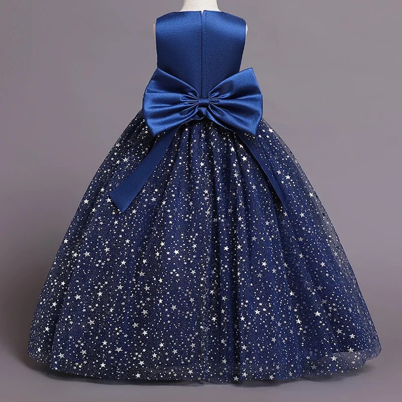 C290 Pink Printing Children's Dress Girls' Princess Girl Wedding Little Summer Sequin Bubble Sleeve Long Mesh Flower Gift