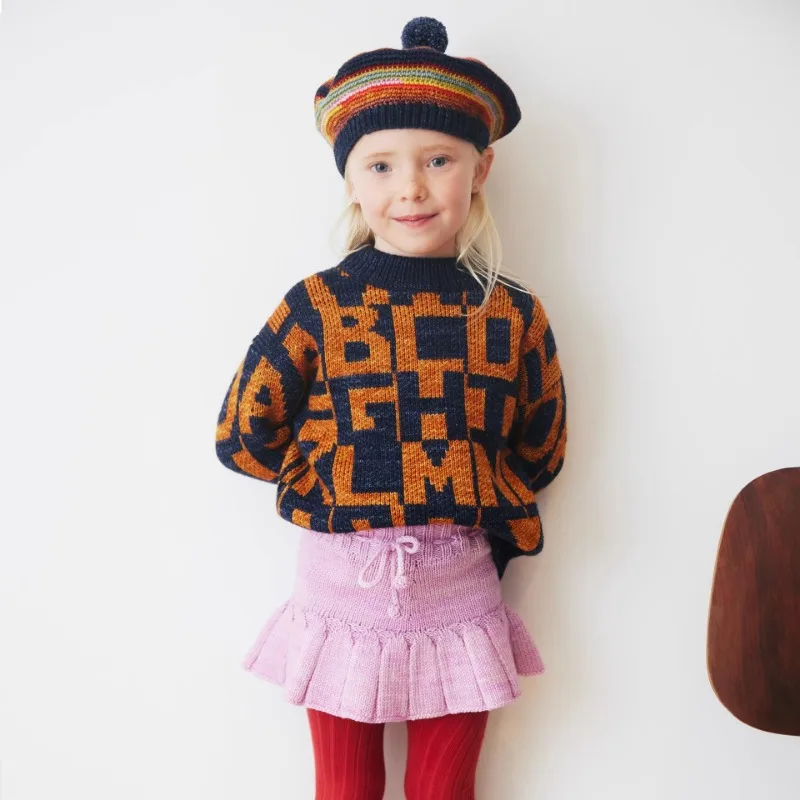 Children\'s Jumper 2024 Autumn New Retro Rustic Style Girls Warm Pullover Long-sleeved Round Neck Knitted Cardigan Half Skirt Set