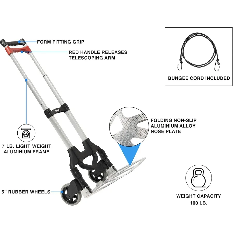 Vergo Industrial 100ポンド容量 パーソナル折りたたみハンドトラック ドリーカート 伸縮ハンドル付き 軽量アルミニウム製 折りたたみ式 C