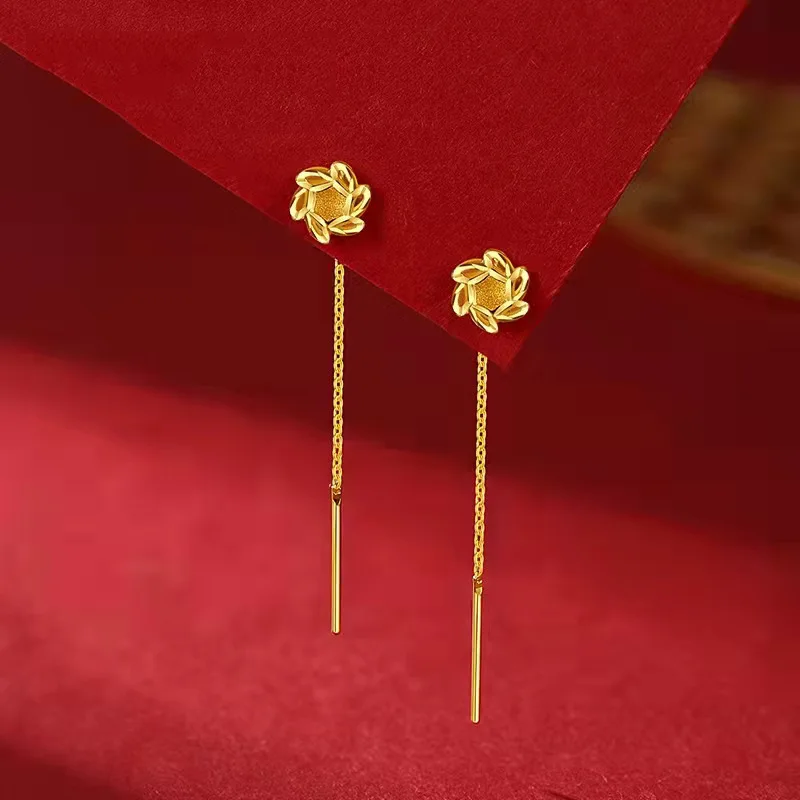 

Women's Earrings 9999 24K Real Gold Lucky Grass Ear Line Japanese and Korean Jewelry Valentine's Day Gift for Women Girls