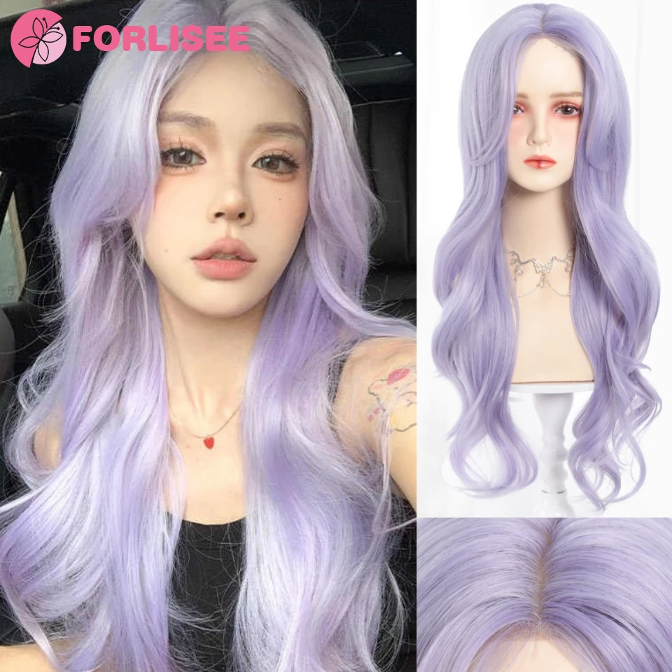 

Светло-фиолетовый синтетический парик со средней частью, большая волна, модный фестиваль, вечеринка, повседневный высокотемпературный шелковый парик, полное покрытие головы
