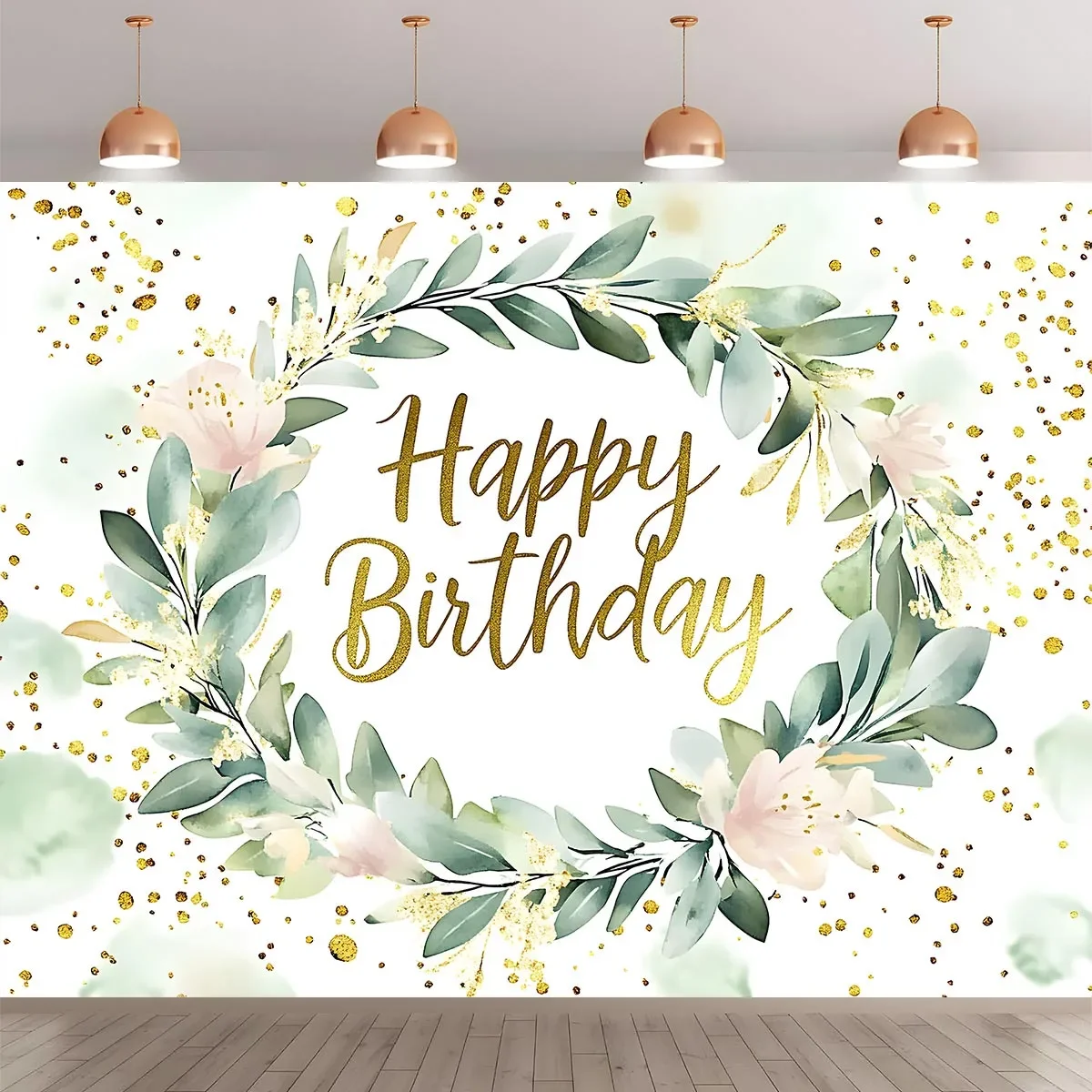 1 Eukalyptus-Hintergrundbanner „Happy Birthday“ – Elegante goldene kursive Buchstaben mit Blumen- und Konfetti-Design