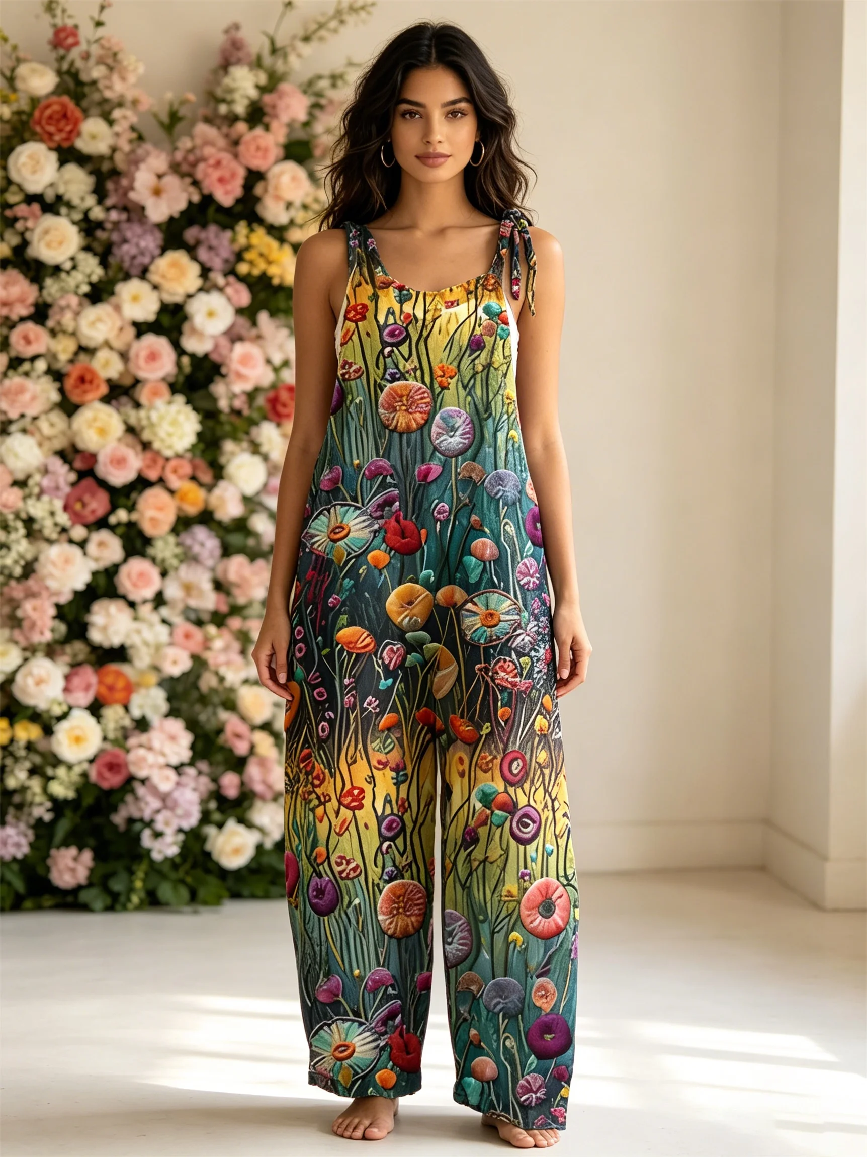 2026 women's floral print work pants jumpsuit, off shoulder sleeveless loose cuff lantern pants casual wear