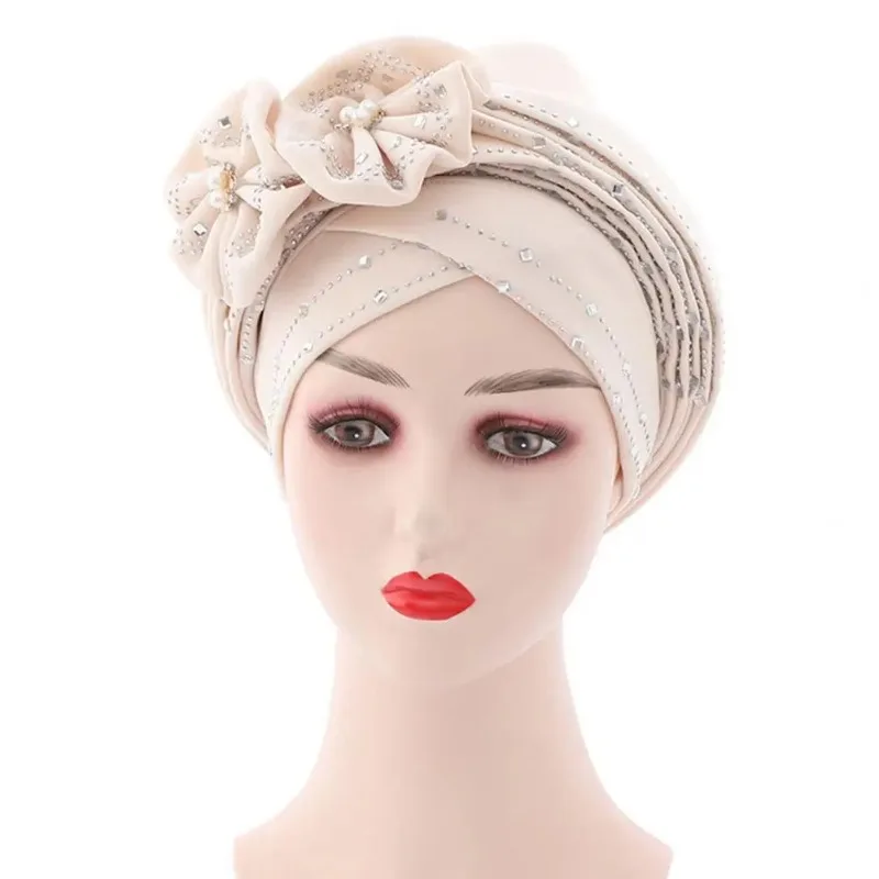 

Beautiful Turban Cap Pure Color Lightweight Headwear Flower Decor Full Rhinestone Turban Beanie