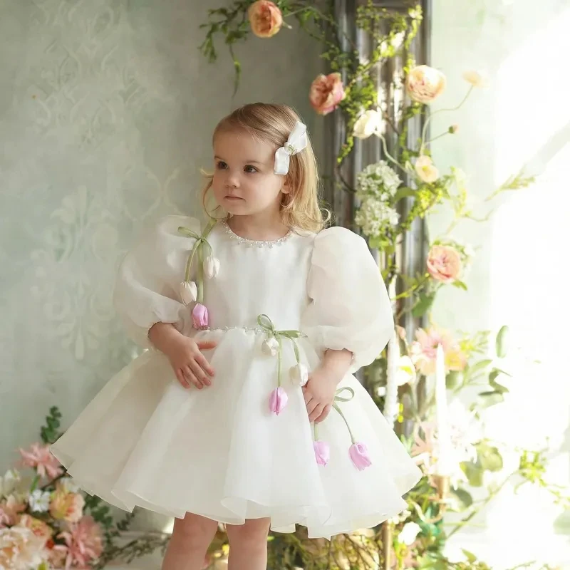 Vestido de Tul para Bebé Niña Jill Wish D281 Blanco con Mangas Abullonadas, Vestido de Princesa para Fiesta de Cumpleaños, Boda, Bautizo
