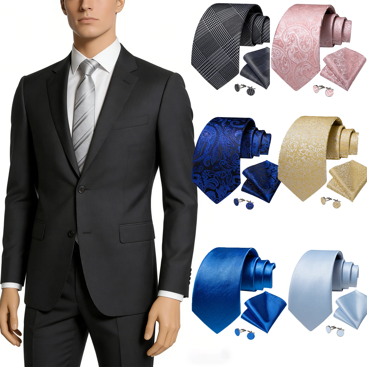 Men's Formal Ties Wedding Accessories Striped Floral Paisley Neck Tie Set Handkerchief Cufflinks Gift For Men