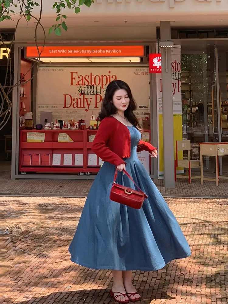 

Женская винтажная повседневная легкая джинсовая юбка-жилет большого размера, светло-голубая, Q8443, А-силуэт, длинная, из смесового хлопка и полиэстера