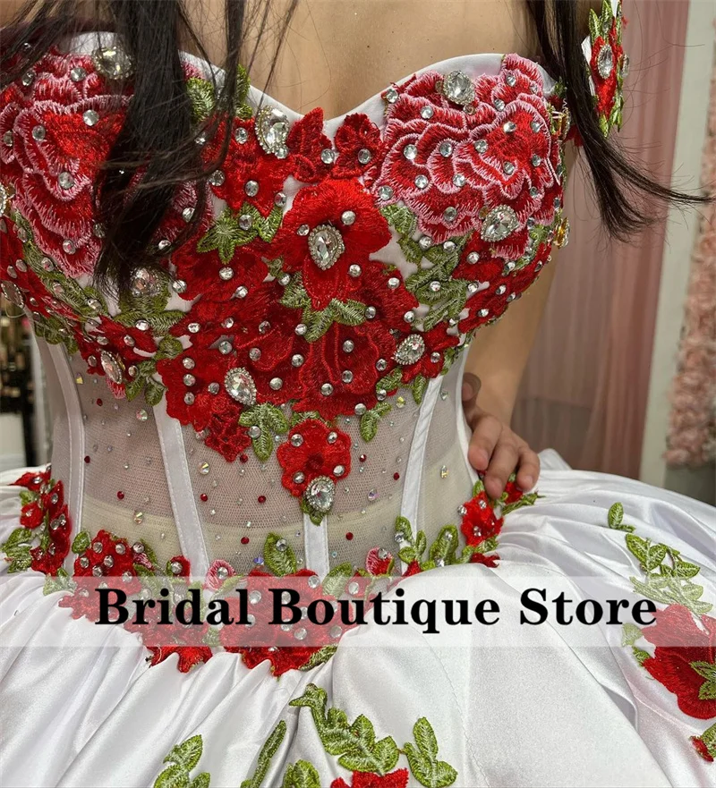 Mexikanische weiße Ballkleid Quince anera Kleider Luxus süße 16 Kleid Blumen Applikationen Kristall Vestidos de 15 Años