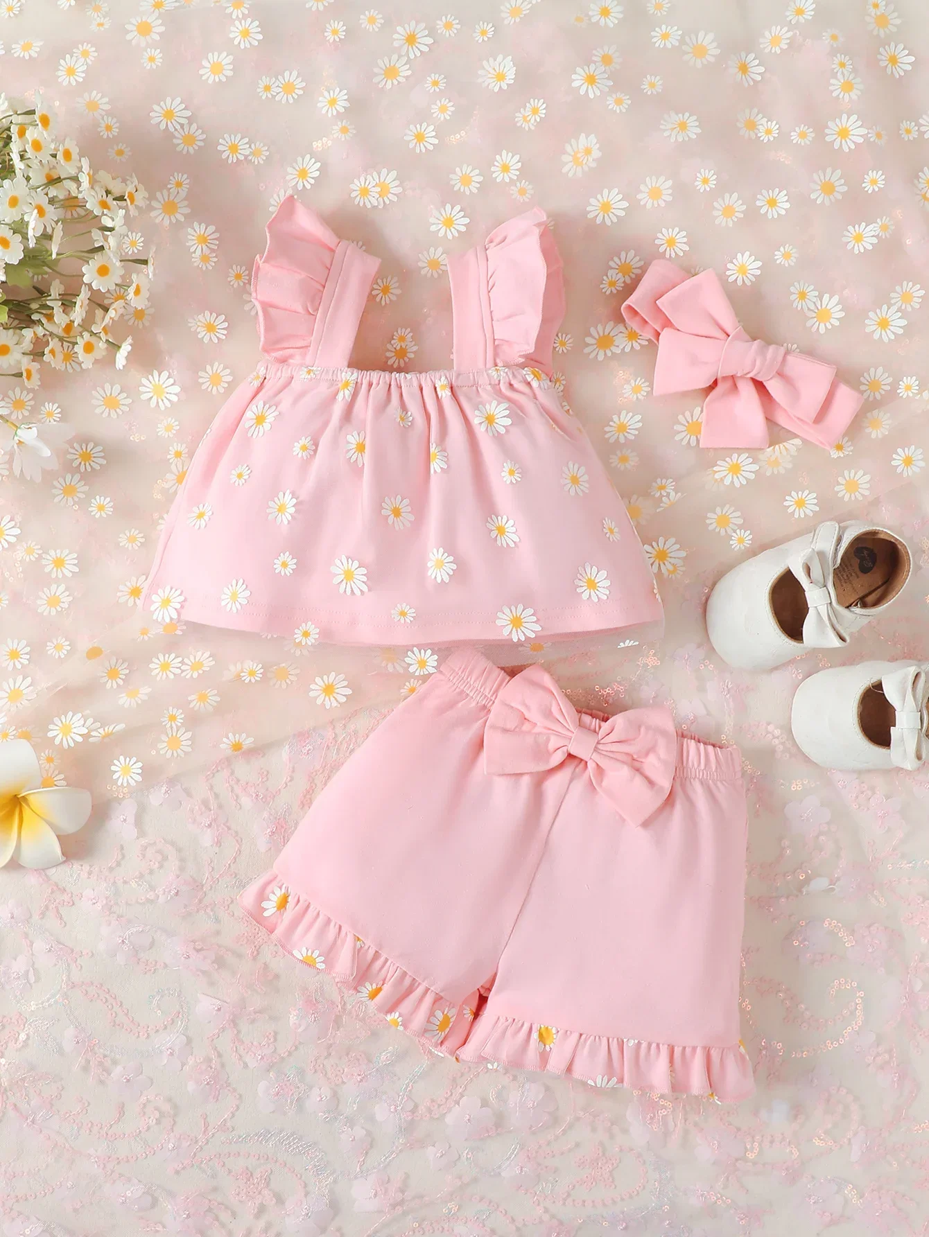 Baby Girls Clothing Set Summer Suspender Top Floral Print Vest + Children'S Fashion Bow Shorts Kids Clothes +Headband  3pcs Suit