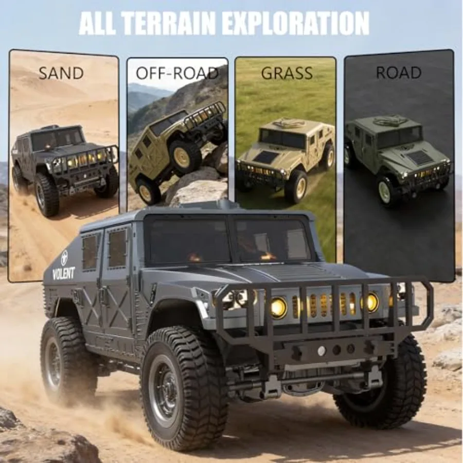 All Terrain RC Military Truck for off-road use, ABS plastic body, green, waterproof with headlights, turn signals, and recharge