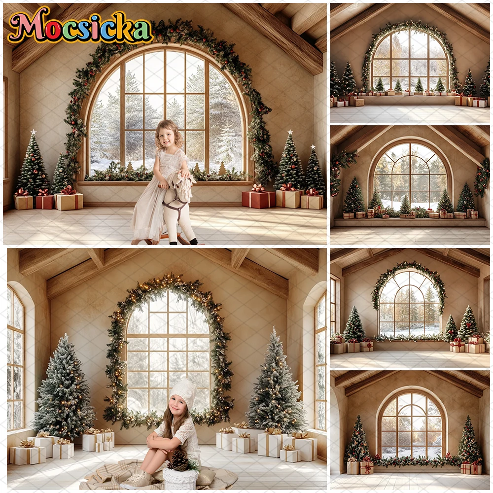 

Mocsicka Christmas Background Xmas Tree Beige House Decor Happy New Year Party Adult Child Portrait Photo Backdrop Studio Banner