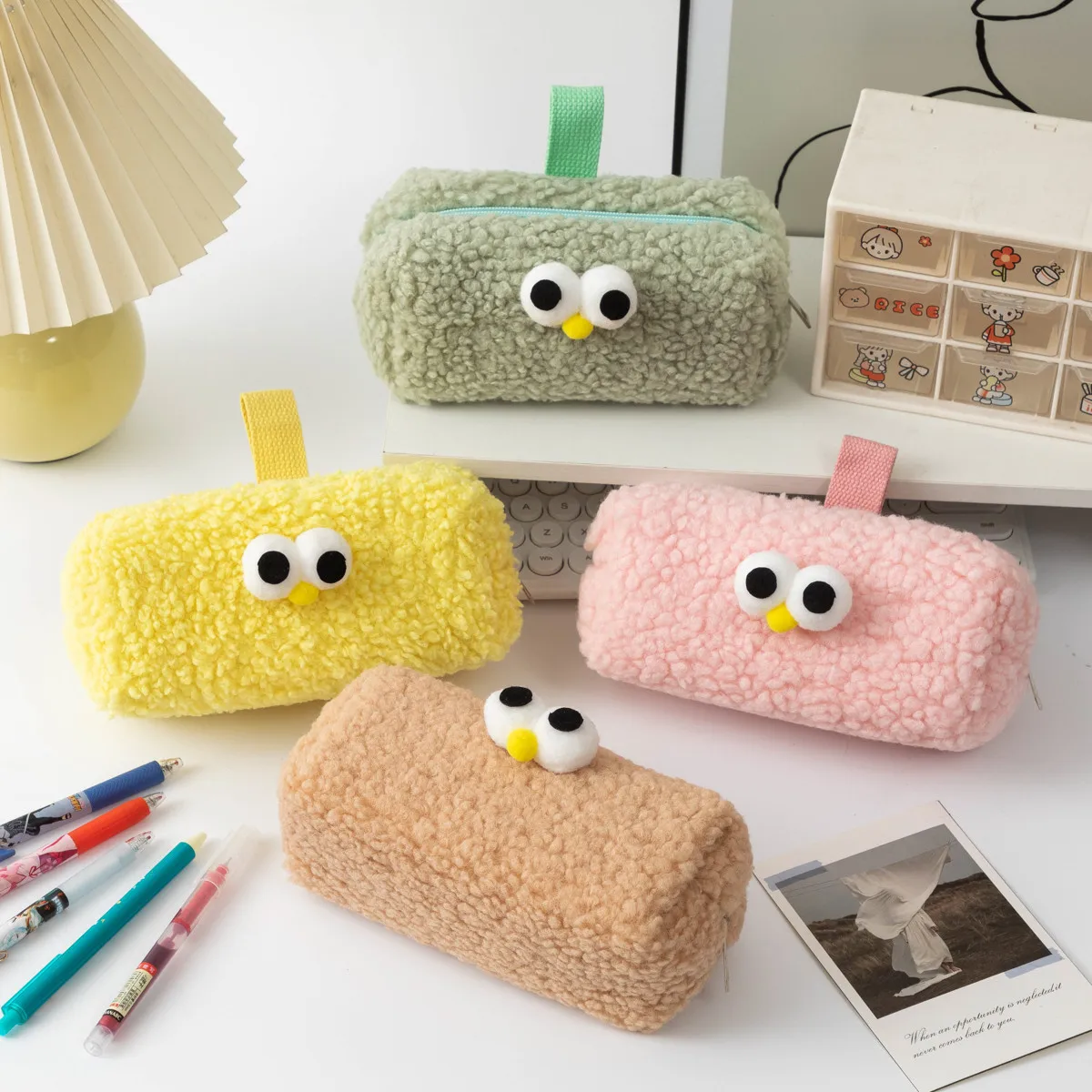 Pink Plush Lamb Makeup Bag Student Pencil Case Cute Cartoon-Style Large-Capacity Stationery Bag for Girls Cosmetic Pouch