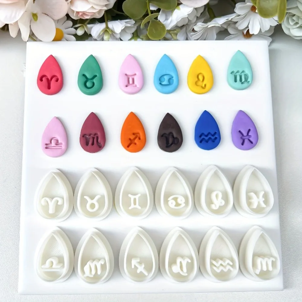 12Pcs Zodiac Sign Cookie Cutter Set Teardrop Shaped Plastic Molds with 12 Astrological Symbols for Clay DIY Jewelry& Crafts