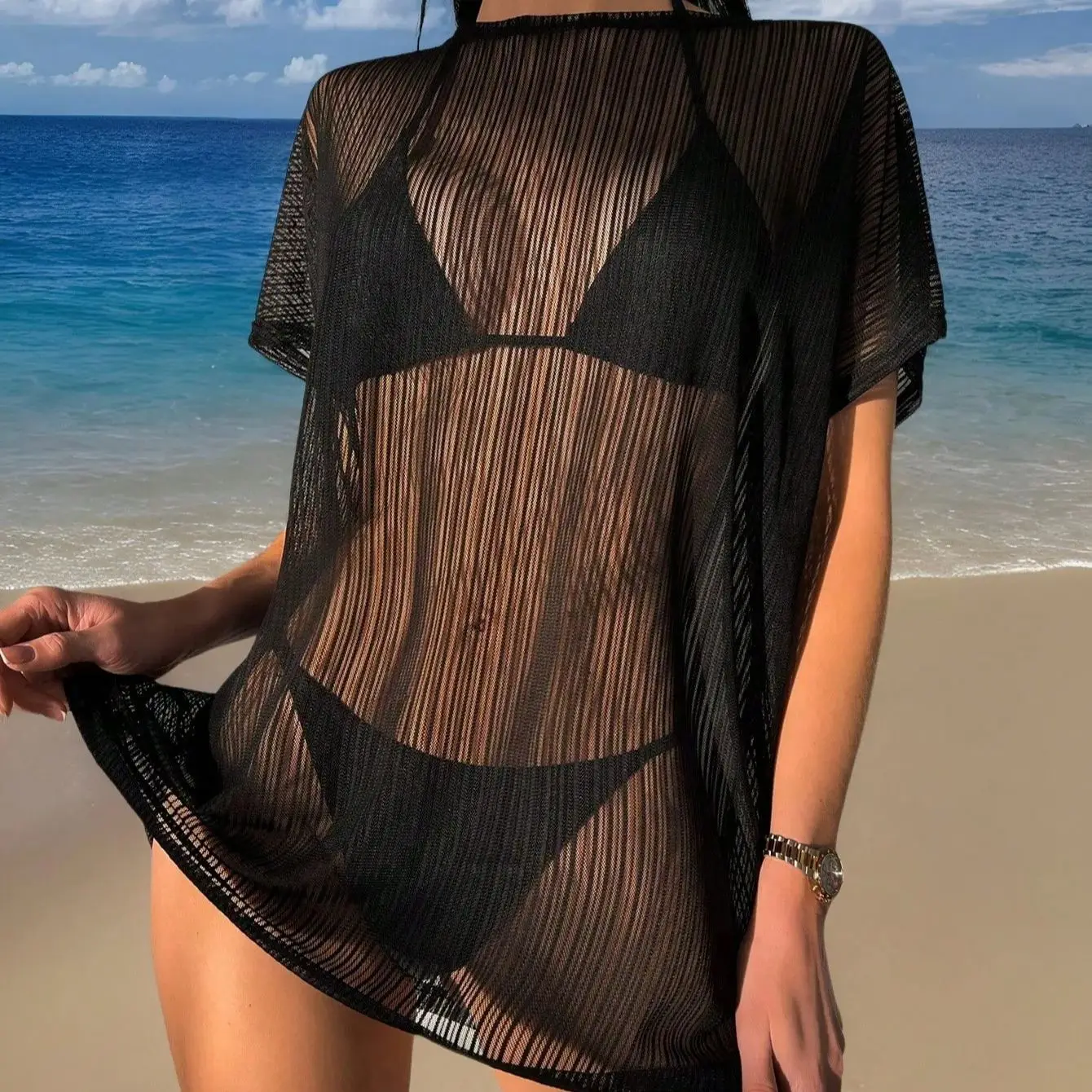 

2026 Womens 3 Piece Bikini Set Solid Color Swimsuit with Sexy Beach Dress See Through Cover Up Mini Bikini Sexy Black Mirco Suit