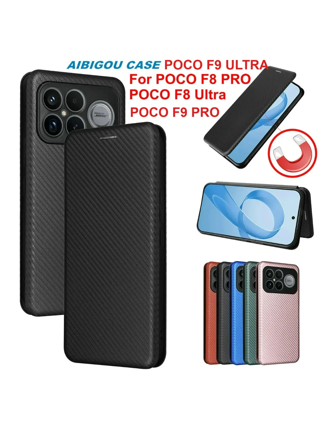 Etui z włókna węglowego i skóry, typu książkowego, z magnetycznym zamknięciem, zapewniające pełną ochronę dla telefonów Xiaomi POCO F8, F9 Ultra, F8PRO. — zdjęcie produktu 7