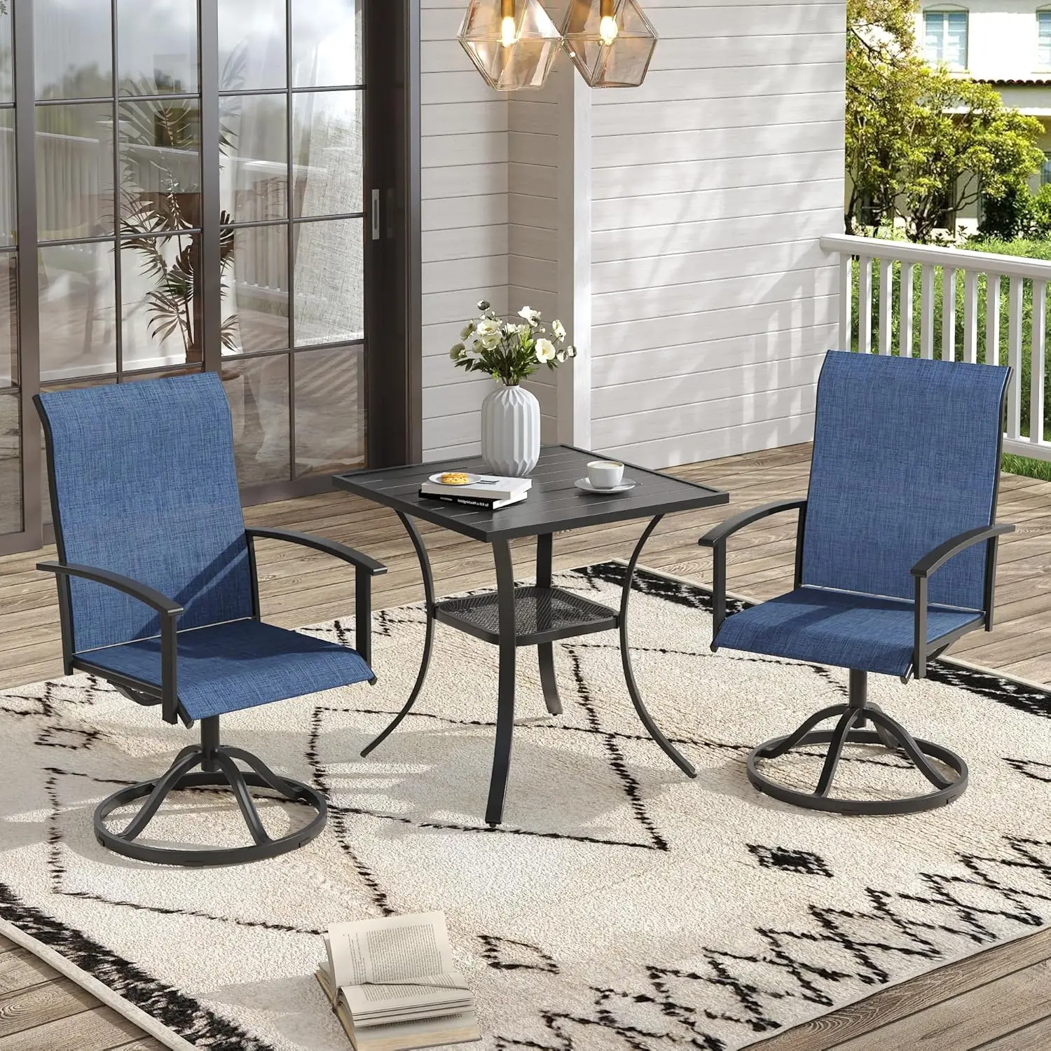 

Комплект из 3 предметов для патио: 28-дюймовый маленький уличный стол и набор вращающихся стульев для террасы, газона и сада, черный стол