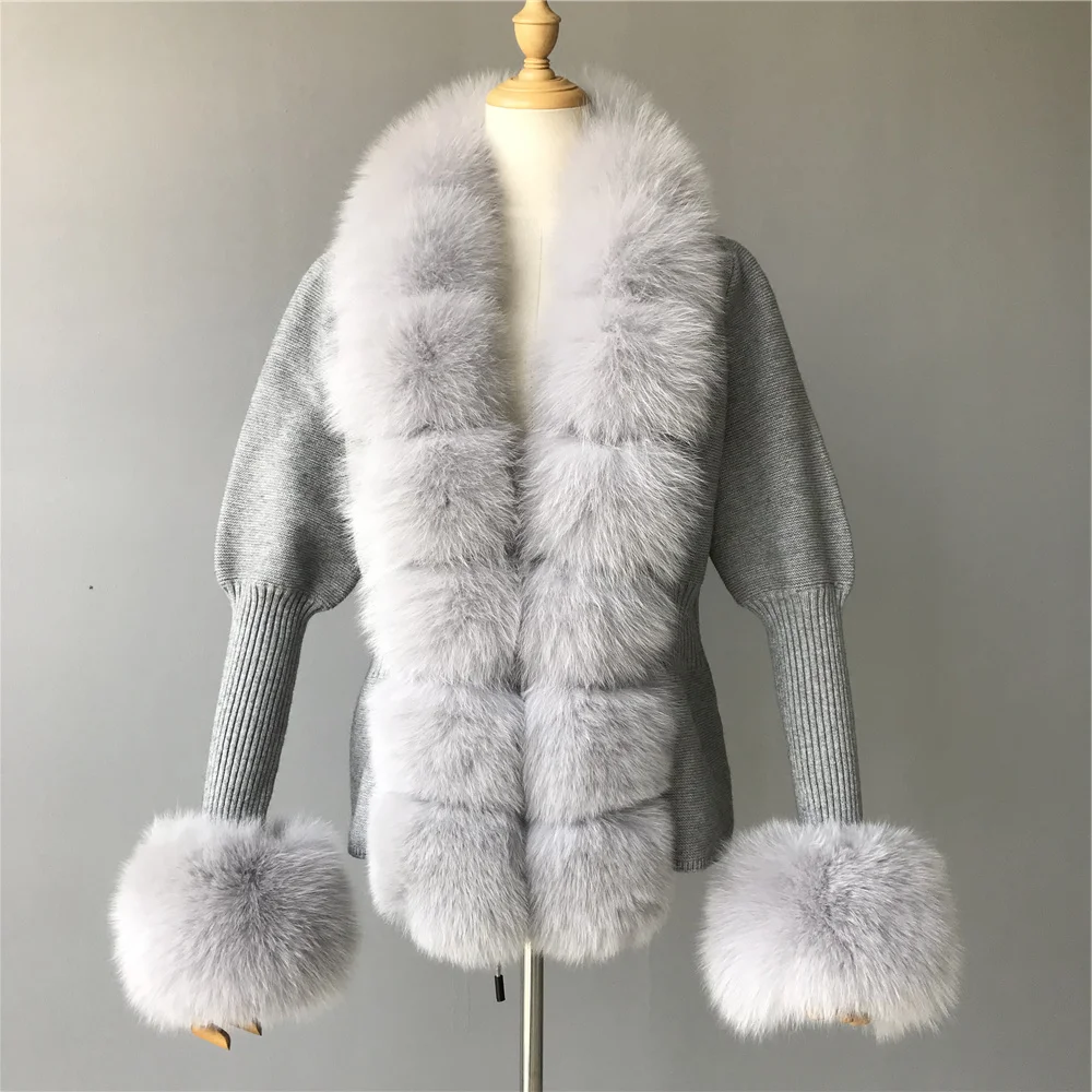 Jxwatcher Women's Sweater with Luxury Real Fox Fur Trim Fall Winter Fashion Knitted Coat Natural Fur Cuffs Cardigan New Arrival view 6