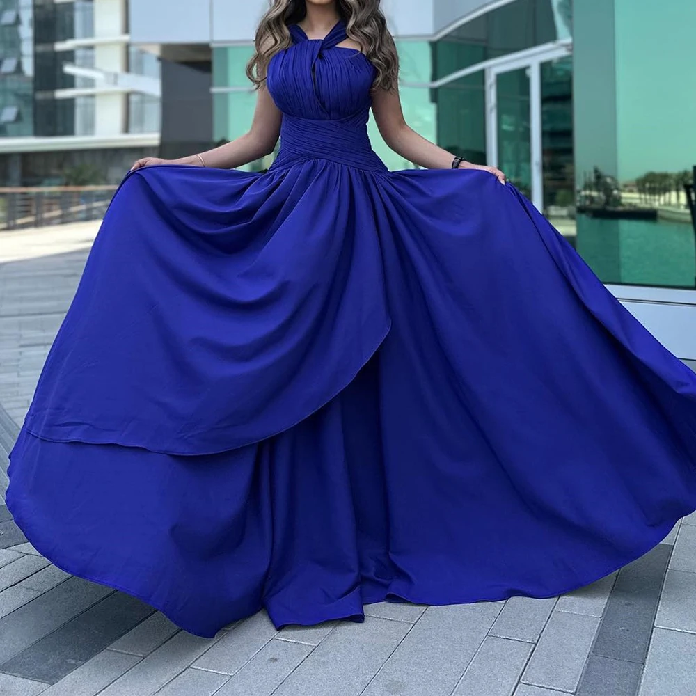 Customized Formal Jersey Evening Dresses Temperament A-Line Floor Length Halter Sleeveless Custom Size Special Occasion Gowns