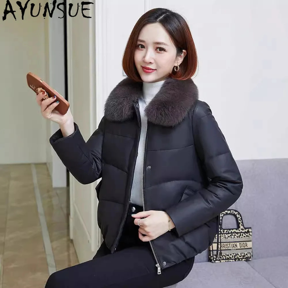 AYUNSUE 정품 가죽 다운 재킷 여성 겨울 의류 2025 100% 양피 여성 코트 여우 모피 칼라 Jaqueta De Couro