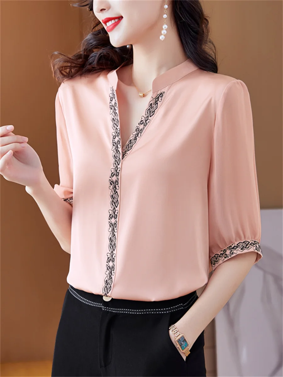 5XL Women Spring Summer Shirts Lady Fashion Casual Short Sleeve V-Neck Collar Solid Color Blusas Tops High-end CT0615