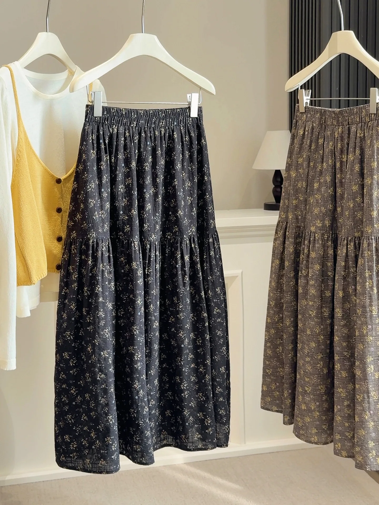 

Юбка-миди в стиле Mori Girl с цветочным принтом, А-силуэт, женская, весенняя, в стиле Харадзюку, ретро, с эластичной талией, с оборками, универсальная, для повседневной носки