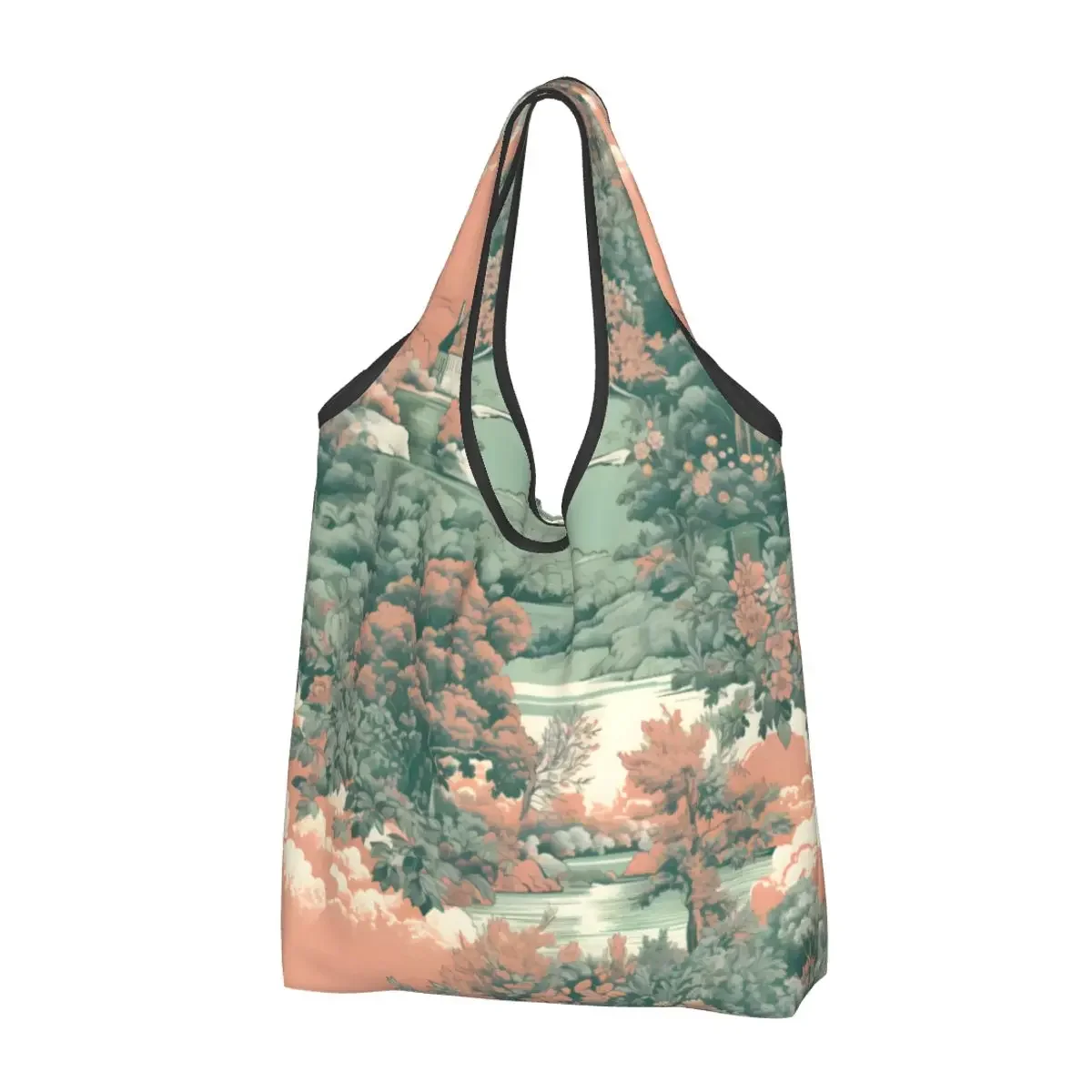 Tosca Peach Toile De Jouy Forest Large Reusable Bags Shopping Foldable French Landscape Grocery Bags Lightweight Gift Eco Bags