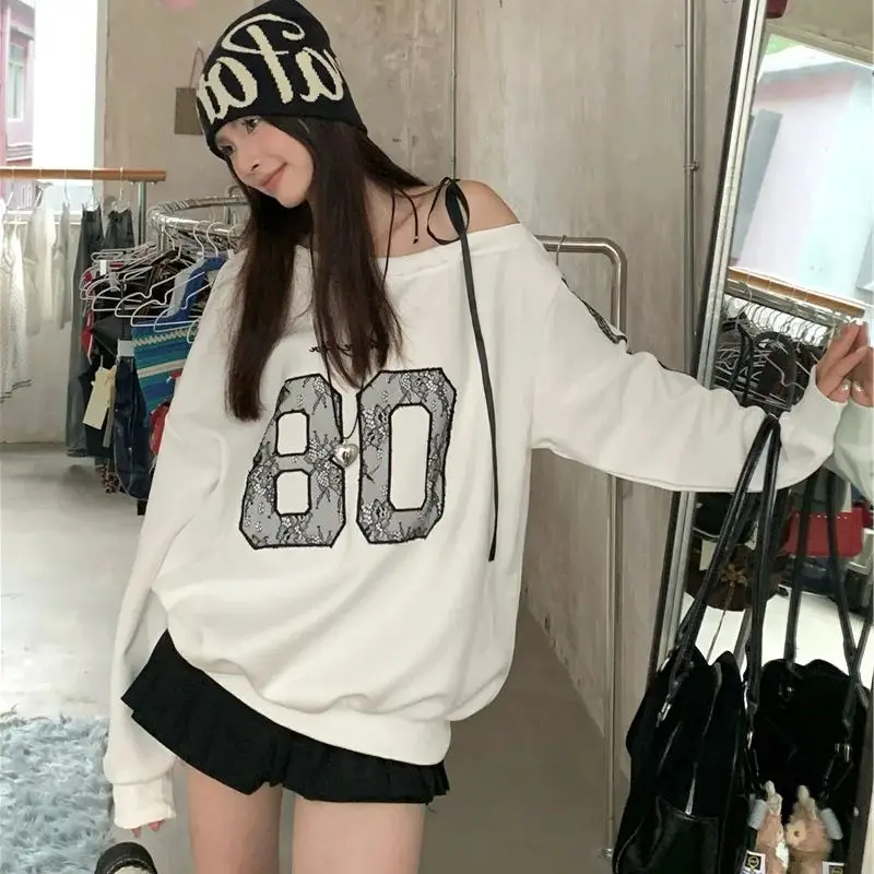 2024 Autumn American Retro Loose Slimming Skew Neck Heavy Embroidery Lace Jersey Sweatshirt Women