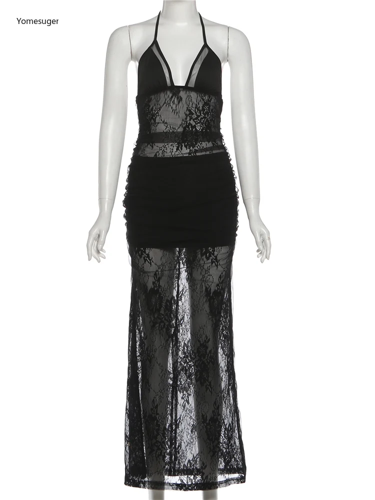 Yomesugar مثير الدانتيل المرقعة فستان طويل امرأة محب الرسن الدانتيل متابعة عارية الذراعين نحيل Vestidos Coquette منتصف الليل ملابس الحفلات #4