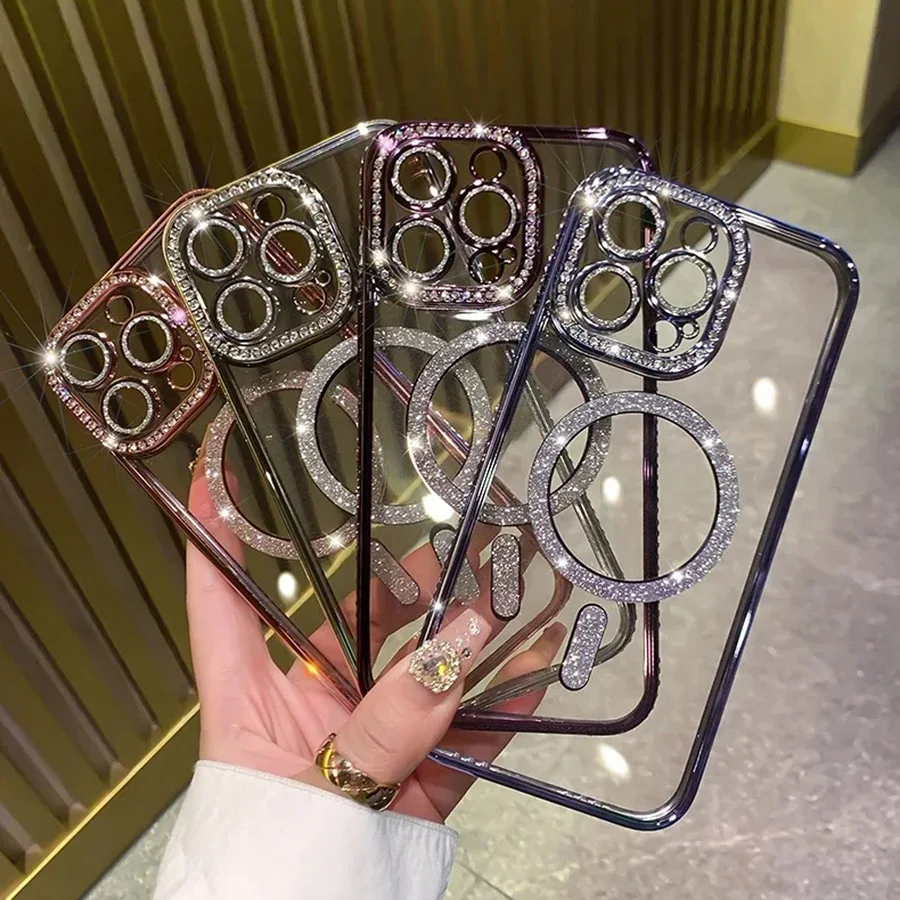 New Fashion Glitter Diamond Transparent Case For iPhone 17 16 15 14 13 11 12 Pro Max Funda Magnetic Wireless Charge Bumper Cover - náhled 6