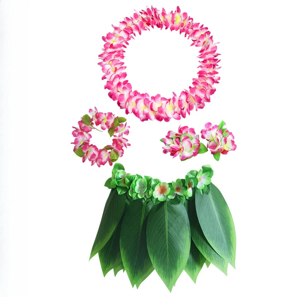 Conjunto de disfraces hawaianos Luau Hula, faldas, pulseras, flores, cumpleaños, hojas verdes tropicales, decoración de fiesta puesta en escena