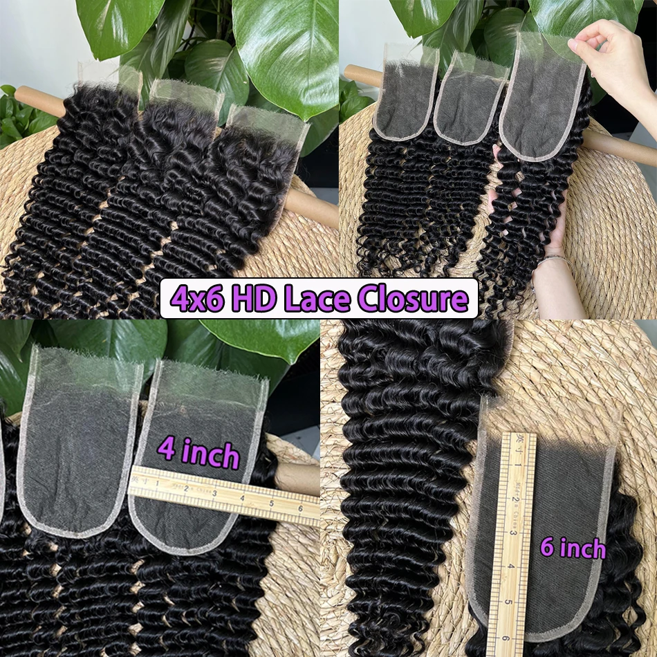 4x6 HD الدانتيل إغلاق عميق شعر بشري مجعد غير مرئية قبل قطعها ابيض عقدة الدانتيل اللون الطبيعي 100% ريال الخام شعر بشري لعذراء