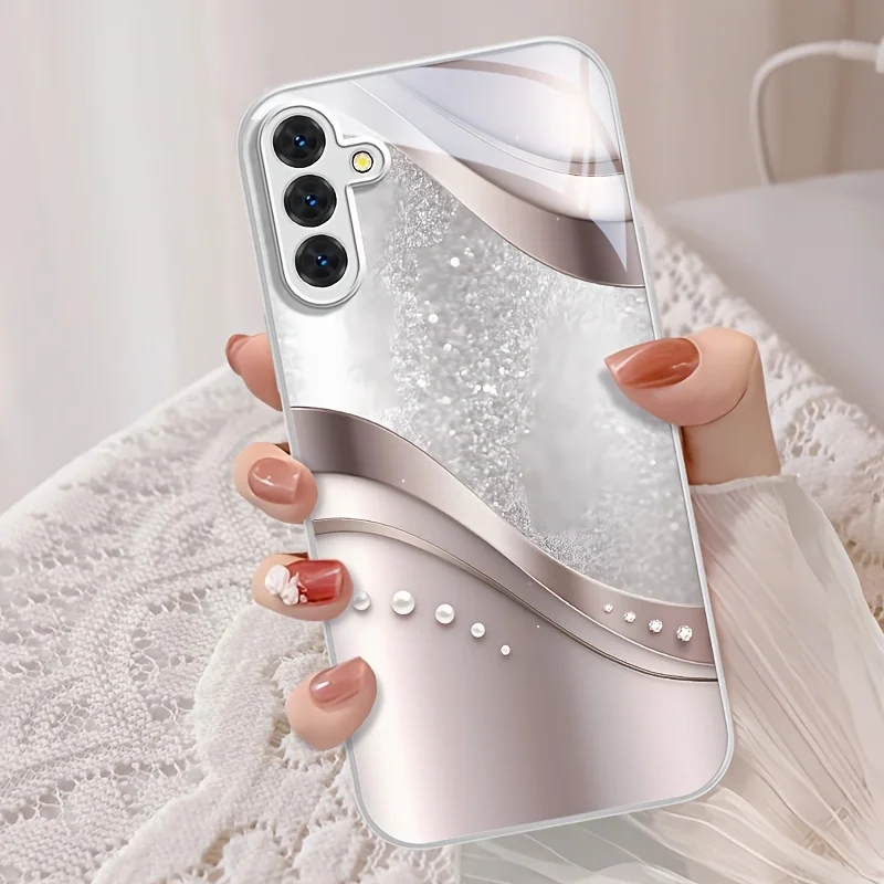 Aesthetic Metallic Curve Pearl Art Glass Phone Case for Samsung Galaxy S26 S25 S24 S23 S22 S21Ultra FE Plus Slim Protective Case