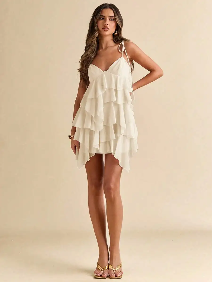 

Solid Ruffle Chiffon Suspender Dress For Women Summer Holiday Beach Party