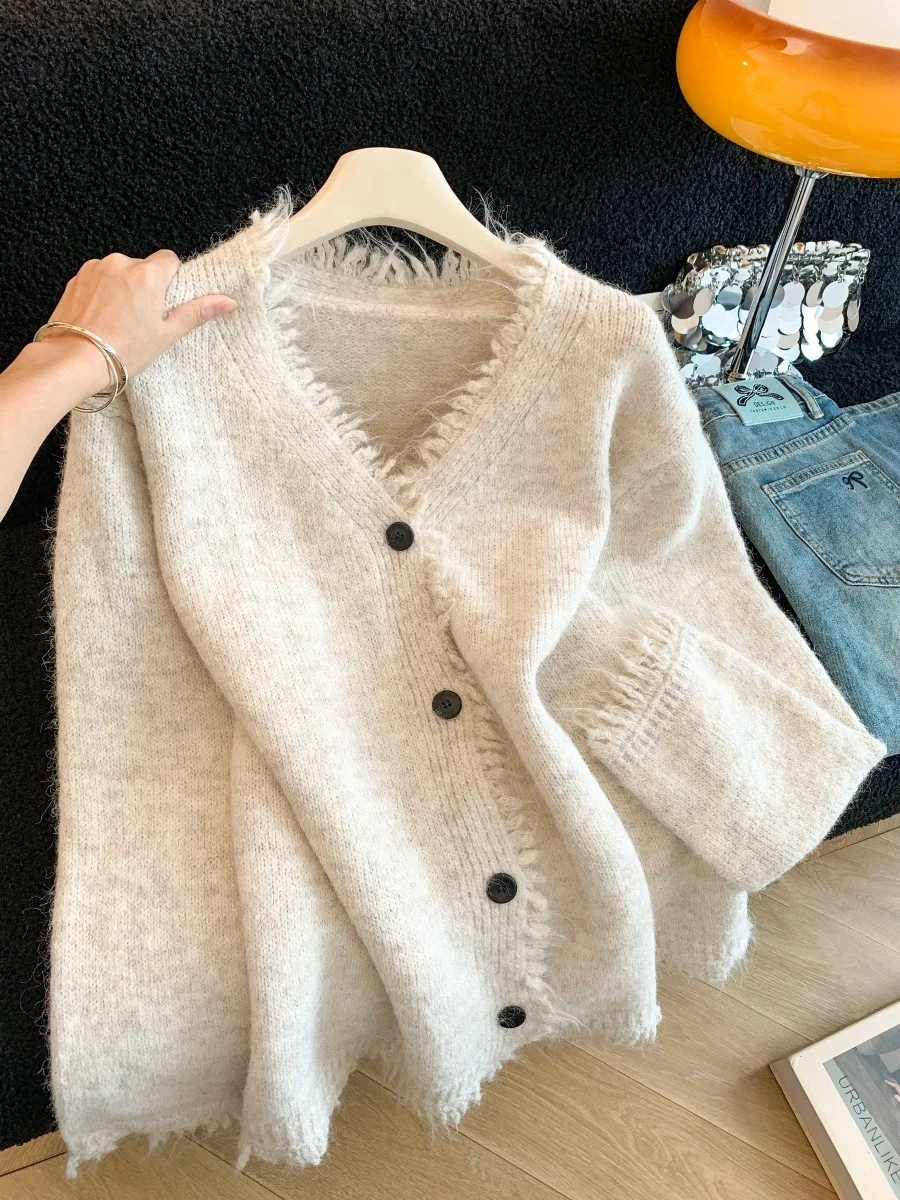 

Trendy Streetwear Knitwear Cardigans Korean Y2K Tassel Sweater Cardigan Women Solid Color V-Neck Single Breasted Knitted Jacket