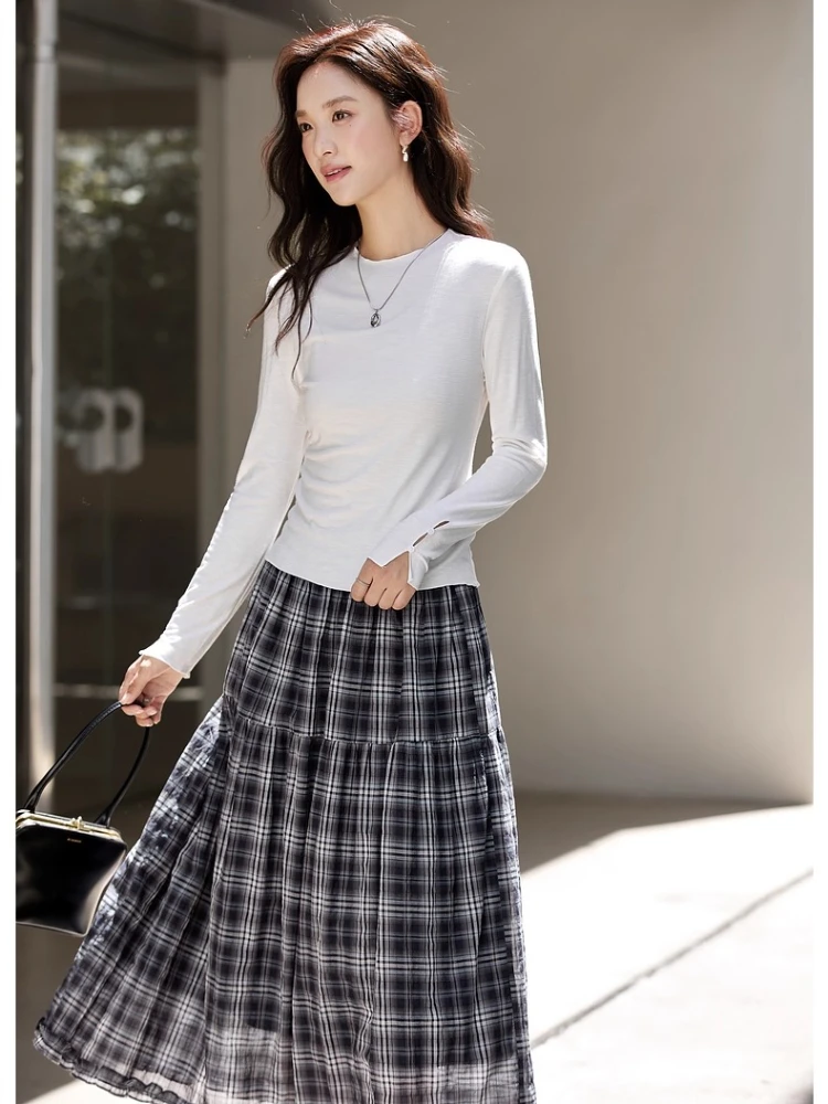 VIMLY Women's Long Sleeve White T-shirts Casual Ruched Crew Neck Ladies Tops Autumn 2025 New Knitted Slim Fit Female Tees A2389