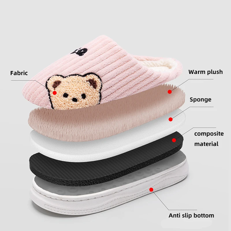 Cute Bear Pattern Plush Winter Slippers for Women Anti Slip Warm Flat Fuzzy Shoes Woman Comfortable Soft Bedroom Home Slippers