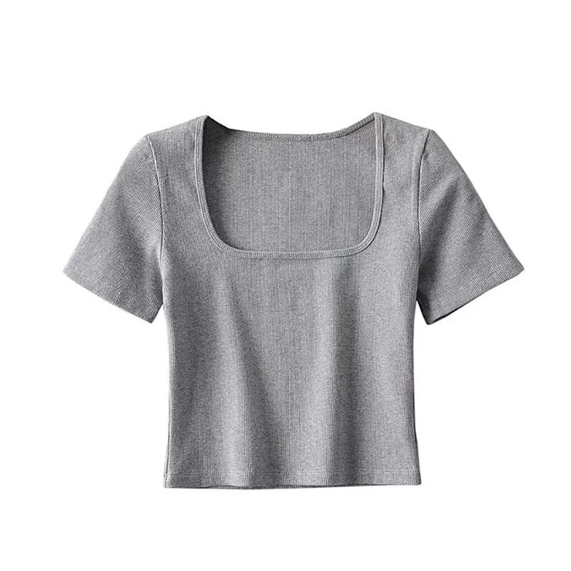 Women Square Neck Rib Crop T-shirt Short Sleeve Crop Top