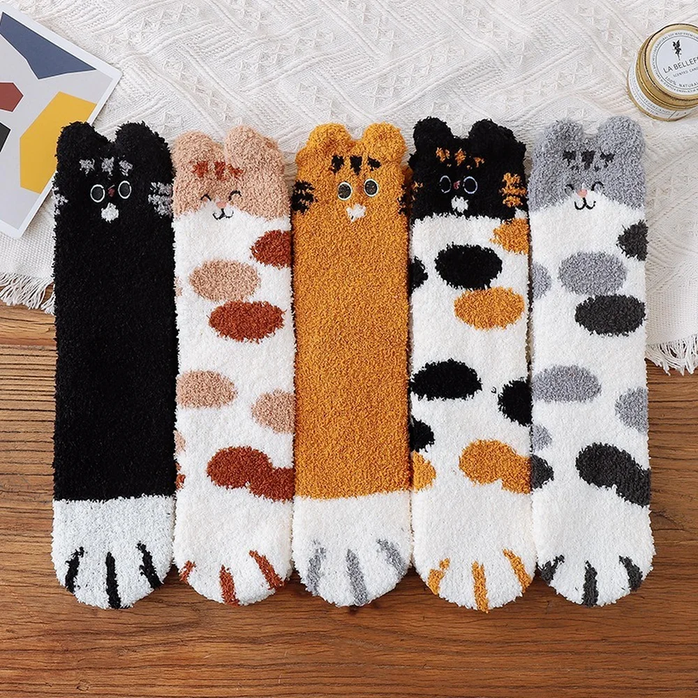 5 Pairs New Three-dimensional Ear Embroidery Cat Claw Coral Fleece Socks Cartoon Cat Confinement Warm Women Sleeping Socks