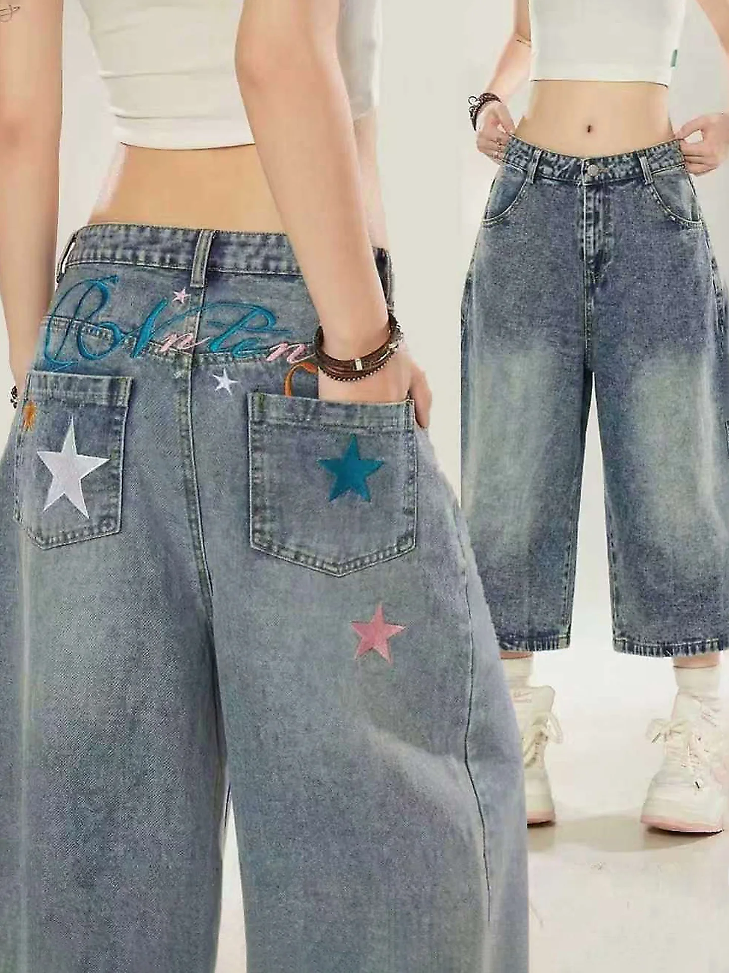 

Джинсовые шорты Design Sensation в американском уличном стиле для женщин: летние, универсальные, свободные, с вышивкой на спине, повседневные, с широкими штанинами